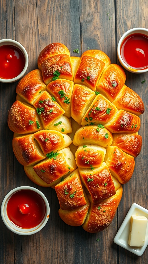 Golden-brown garlic monkey bread on a wooden table with marinara sauce and garlic butter for dipping.
